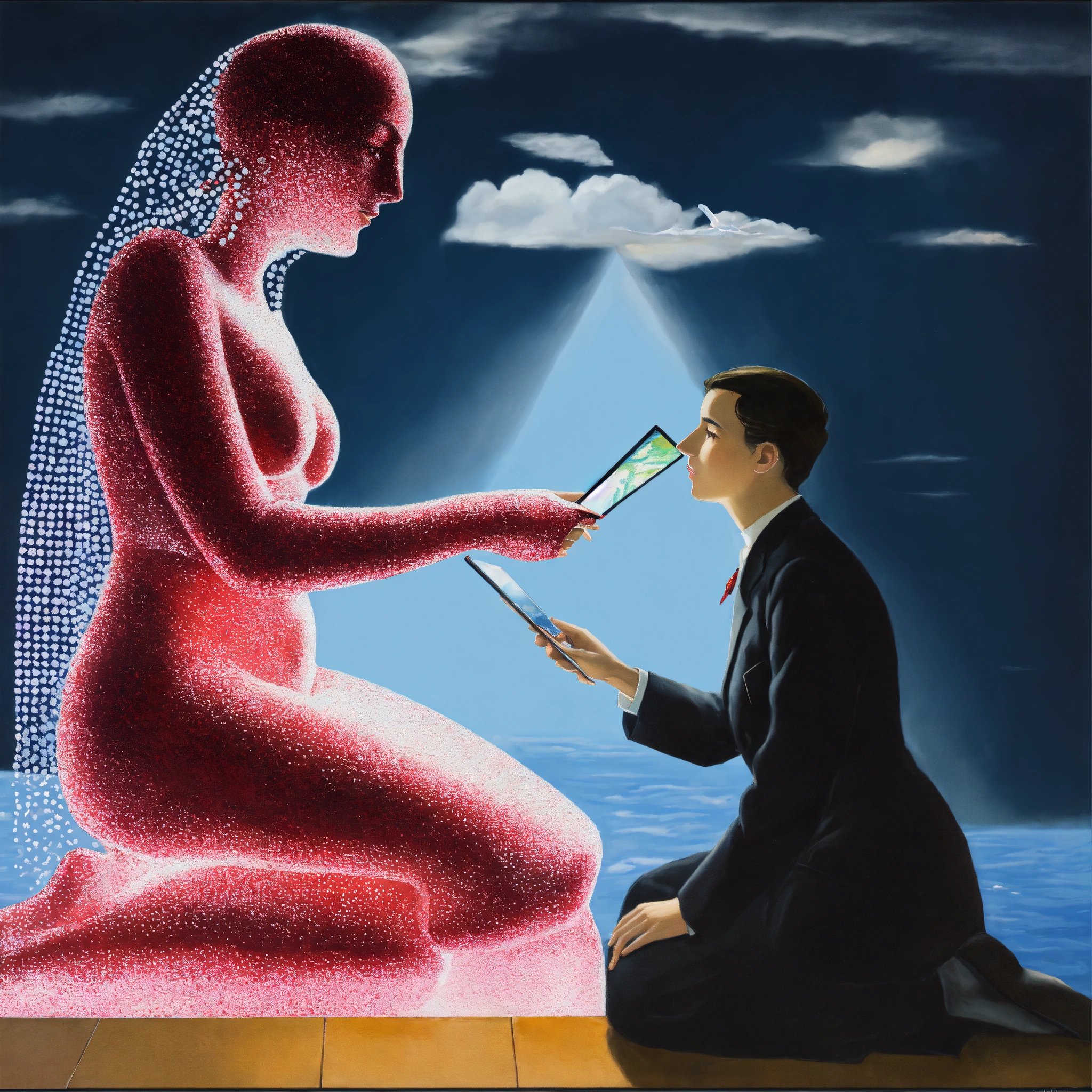 a surreal scene where two figures are interacting against a backdrop of a night sky with clouds and beams of light shining through. One figure is covered in red sparkles, kneeling, and appears to be offering something to the second figure, who is dressed in formal attire and holding an open book or folder. The first figure is covered in red sparkles from head to toe, giving it an ethereal appearance. The second figure is wearing a dark suit and is positioned on one knee. Both figures are set against a dramatic night sky backdrop with clouds and beams of light shining down. The interaction between the two figures seems significant or ceremonial; the sparkling figure appears to be offering something to the other. There’s an element of fantasy or surrealism due to the sparkling effect on one of the figures and the dramatic lighting from above.