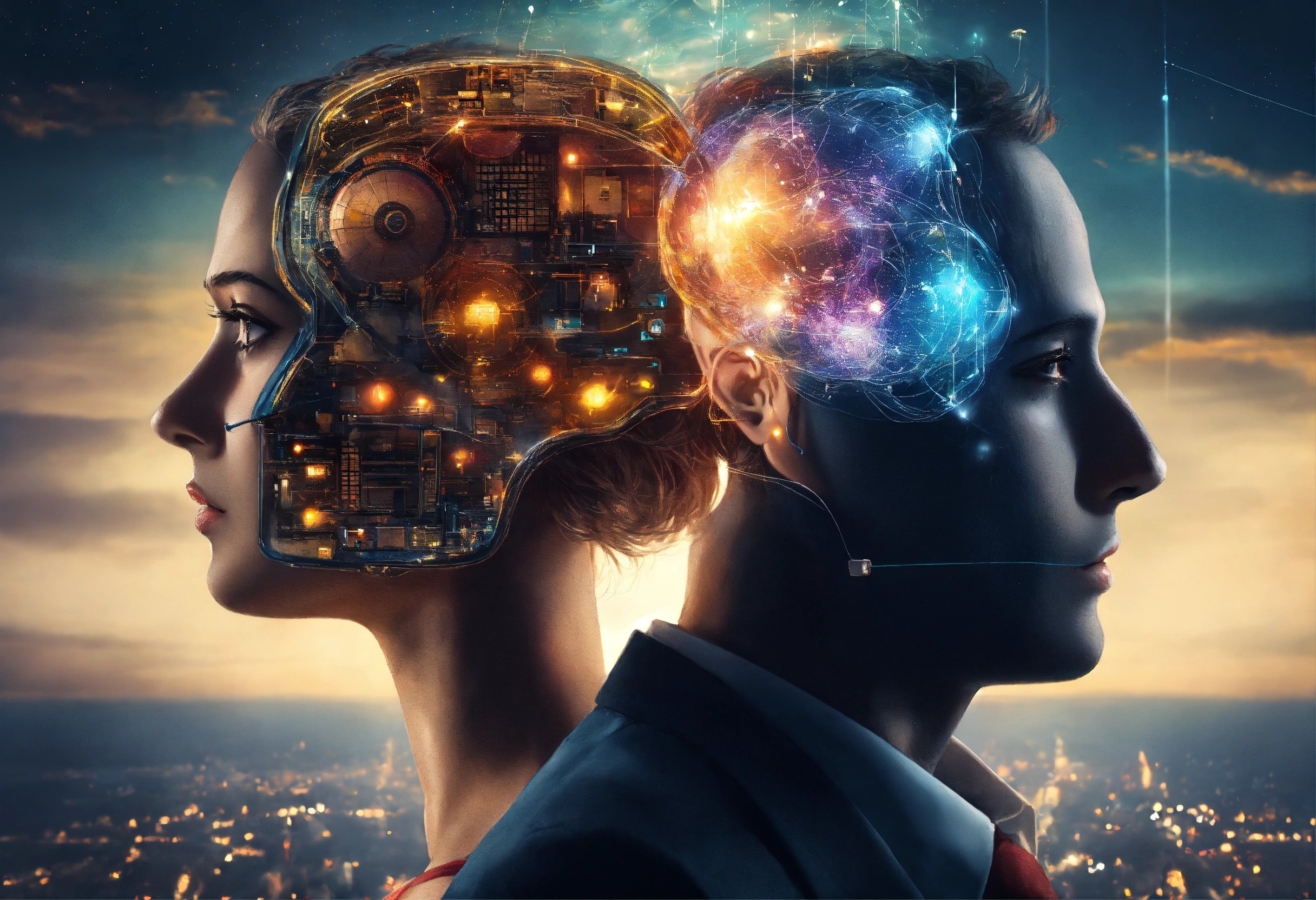 two individuals with their faces obscured by blurred rectangles, preventing identification. They are juxtaposed against a dramatic and visually complex background. The person on the left has an intricate mechanical structure visible within their head, suggesting a blend of human and machine elements. The individual on the right has a universe or galaxy within their head, indicating a cosmic or metaphysical connection.

Two people are in the foreground with their faces obscured for privacy. The person on the left has part of their head visually represented as mechanical and electronic components, indicating a cyborg or artificial intelligence theme. The individual on the right has a visual representation of a galaxy or universe within their head, symbolizing depth of thought, consciousness, or connection to the cosmos. Both individuals are wearing formal attire; one is in red and another in dark color which could be black or navy blue. The background is illuminated cityscape during nighttime with lights glowing, adding to the dramatic effect of the image.