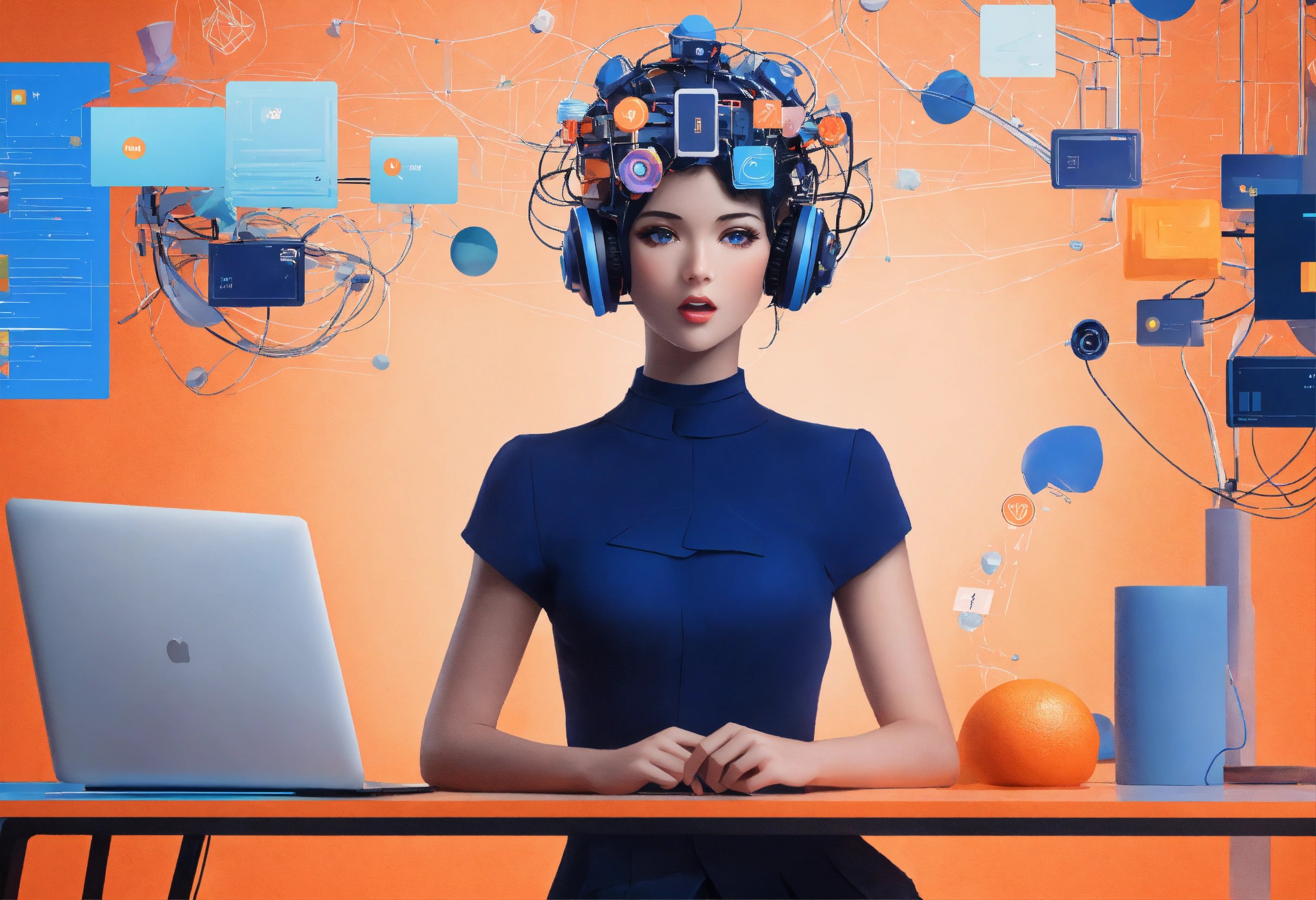 person sitting at a desk. The person’s head is replaced by an intricate mechanical structure filled with wires and electronic components. The face area is obscured by a blank square, giving an anonymous or non-human appearance. On the desk are a closed laptop to the left of the figure, an orange to the right front side, and a blue cup to the far right. The background is bright orange with various graphical interfaces floating around; these include data visualizations and interface windows in blues and whites. The overall theme appears to be technology-centric or related to artificial intelligence.