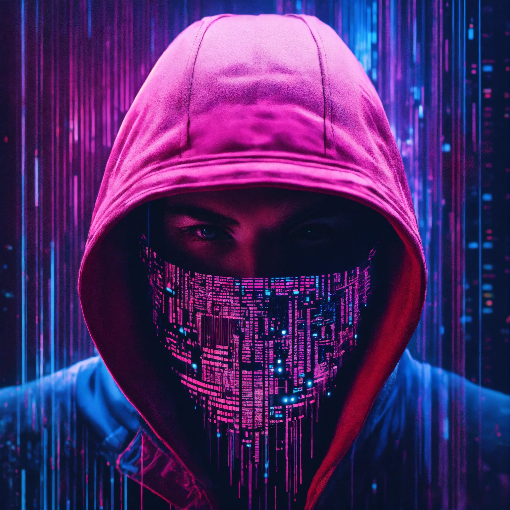 a person wearing a red hoodie with the hood up, obscuring most of their head and face. The background is illuminated with vertical lines of light in various shades of blue and purple, giving it a digital or cybernetic feel. The overall aesthetic of the image is cyberpunk due to the combination of lighting and attire. Unfortunately, I am unable to provide any additional details about the image as the OCR tool was unable to recognize any text in the image.