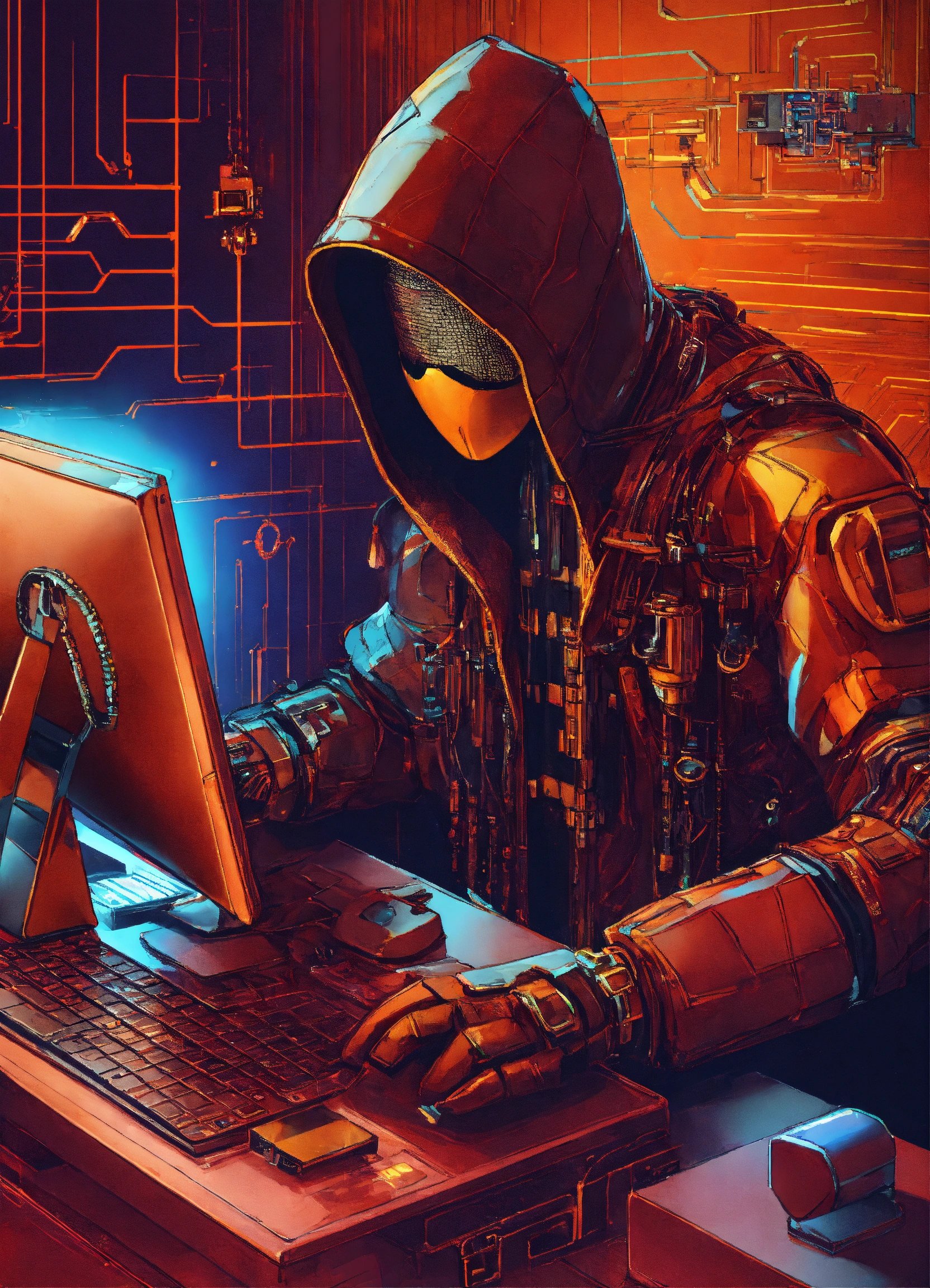  a character, likely intended to represent a hacker or someone engaged in covert computer activities, wearing a hood and armored suit. The character is illuminated by the glow of the computer screen and the intricate, circuit-like patterns on the wall behind them. They are intently focused on the computer screen, with their hands on the keyboard.

The central figure is wearing a dark hood that obscures their face, with only an ominous glow visible where eyes would be. The character is adorned in an armored suit with mechanical details and segments, suggesting advanced technology or cybernetic enhancements. They are seated at a desk with a keyboard and flat-screen monitor; their posture suggests intense focus or urgency. A complex pattern of glowing lines reminiscent of circuit boards illuminates the wall behind them; this could suggest a digital or virtual environment. The overall color scheme is dominated by dark tones with highlights in vibrant oranges and blues, creating a dramatic and intense atmosphere.