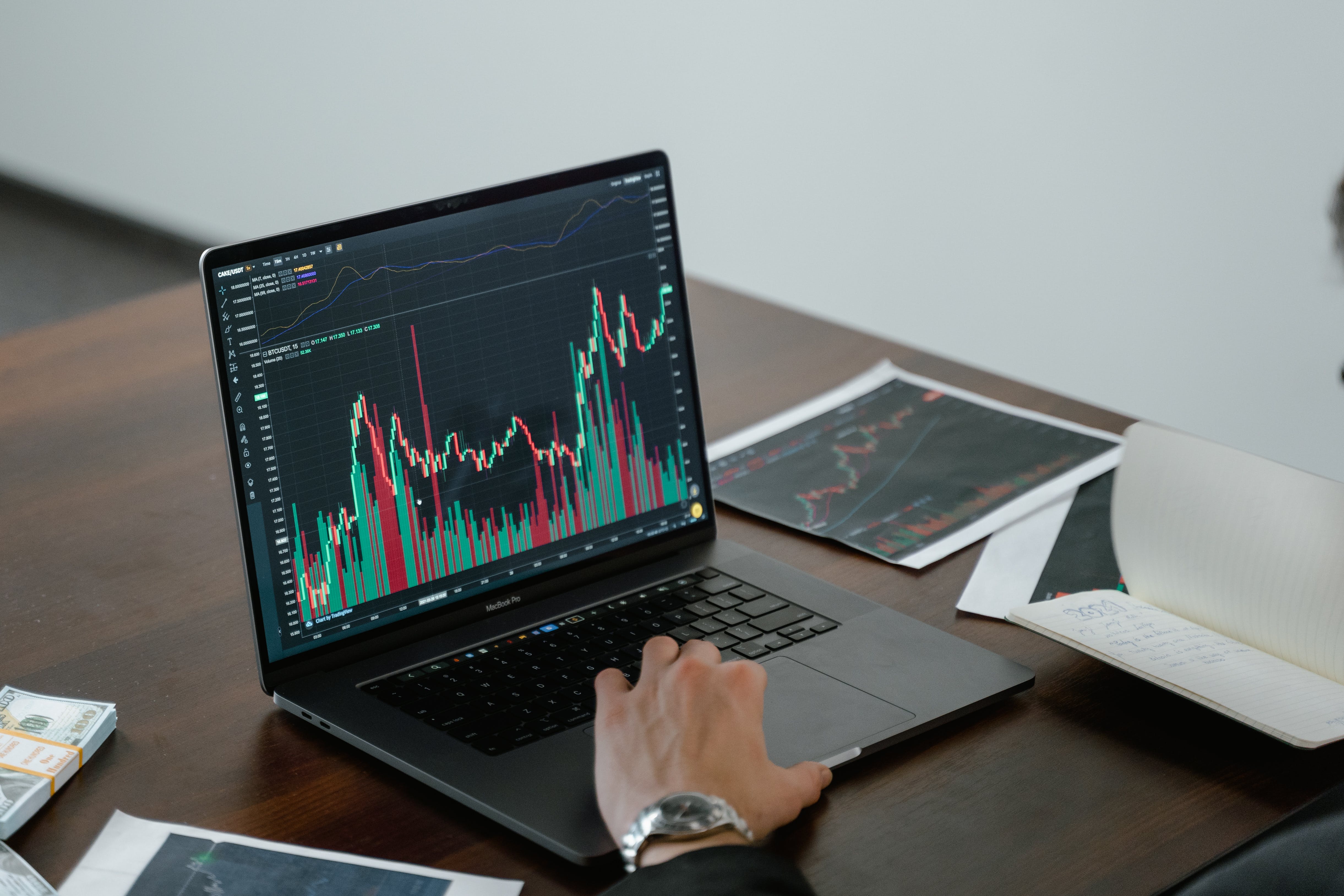 a person analyzing financial data on a laptop. The laptop screen displays a candlestick chart, indicating the performance of stocks or other financial assets over time. The person’s hand is resting on the laptop’s touchpad, possibly navigating through the data. On the table, there are printed charts similar to what is displayed on the laptop screen and a notebook with written notes, suggesting an in-depth analysis is being conducted. A bundle of US dollar bills is also visible on the table.