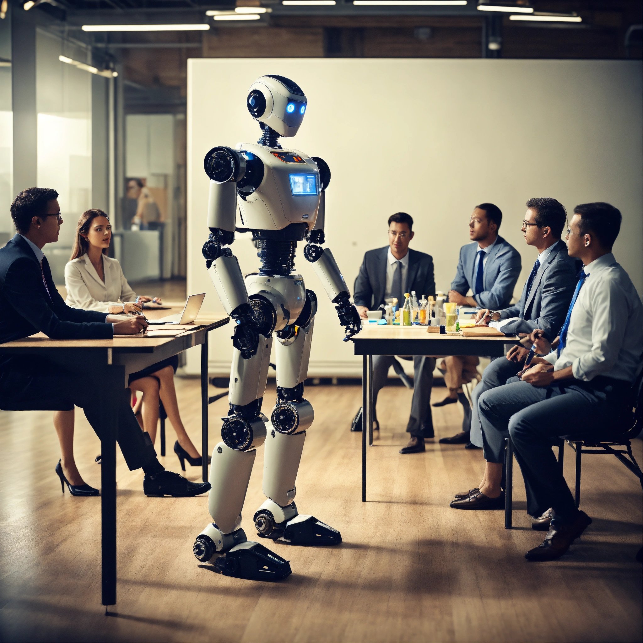 a group of people seated around a table in a modern, well-lit office environment. A humanoid robot with blue eyes and a screen on its chest stands in the middle, seemingly presenting or interacting with the attendees. The faces of the people are obscured for privacy. It’s difficult to determine the exact context of the meeting, but it appears to be a professional setting, possibly a business meeting or presentation.