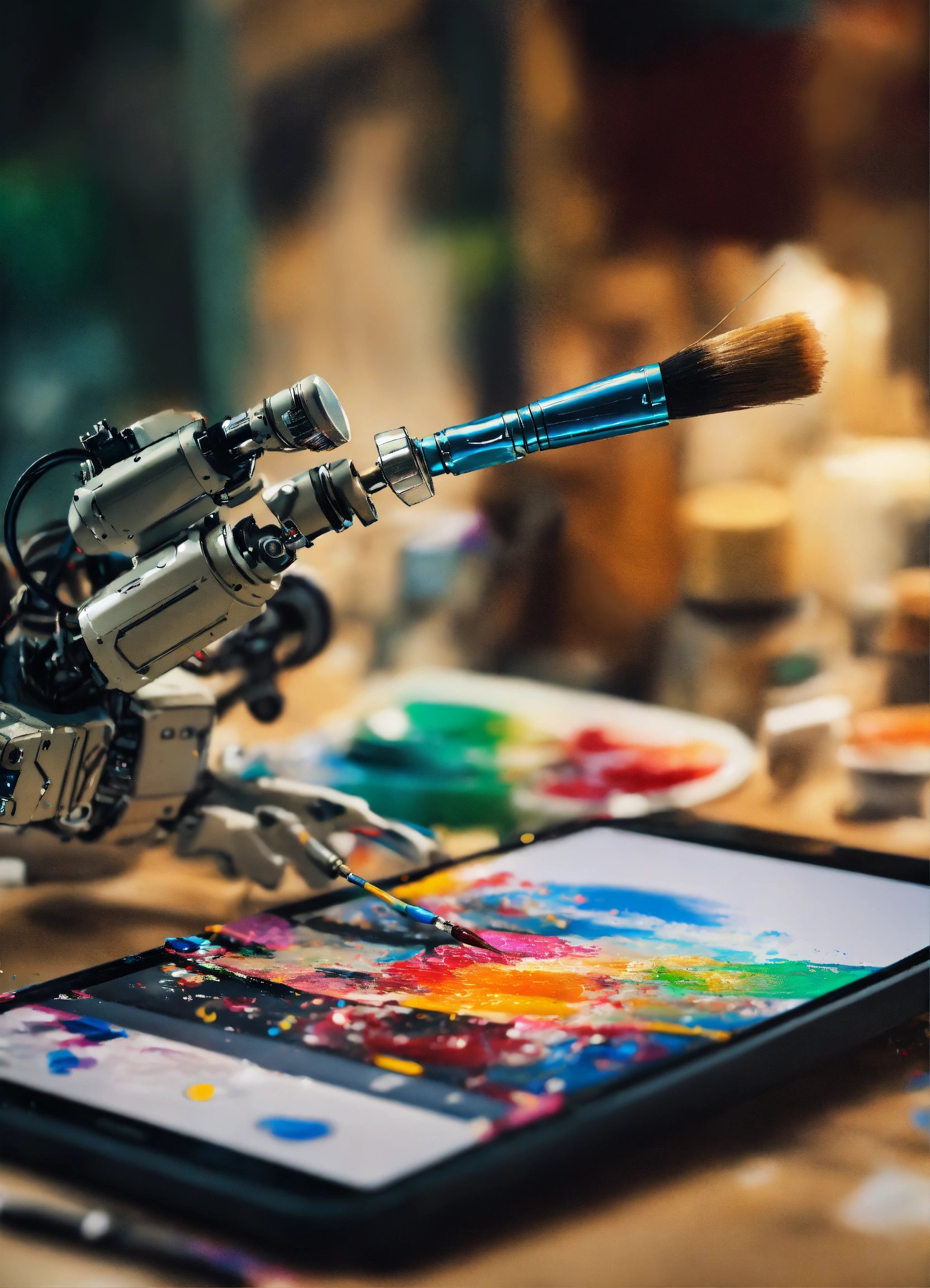 a robotic arm equipped with a paintbrush, actively engaged in creating a colorful artwork on a digital tablet. The setting appears to be an artist’s workspace, with various art supplies scattered around. The robot arm has multiple joints and segments, and it is holding a blue paintbrush with brown bristles, which is dipped in paint. The digital tablet displays vibrant and colorful strokes of paint, indicating that the robot is painting on it. Various art supplies including palettes filled with different colors of paint are visible in the background. The background also shows wooden surfaces and structures, giving an impression of a workshop or studio setting. The lighting is soft yet illuminating enough to highlight the details of the robot and its ongoing artwork.